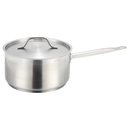 3-1/2 Quart, Sauce Pan with Handled Cover, Stanton Trading, features an induction-ready 3-ply bottom made of 18/8 stainless steel with an aluminum core for even heat distribution, durable construction, and a secure-fitting lid with handle; ideal for simmering sauces, boiling vegetables, and preparing small batches on all cooktops including induction.