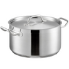 11-3/4 Quart, Sauce Pot with Handled Cover, Stanton Trading, features an induction-ready 3-ply bottom made of 18/8 stainless steel with an aluminum core for superior heat conductivity, durable construction, and a secure-fitting lid with handle; ideal for simmering soups, boiling pasta, and preparing sauces on all cooktops including induction.