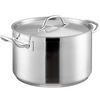 17 Quart, Sauce Pot with Handled Cover, Stanton Trading, features an induction-ready 3-ply bottom made of 18/8 stainless steel with an aluminum core for superior heat conductivity, durable construction, and a secure-fitting lid with handle; ideal for simmering soups, boiling pasta, and preparing sauces on all cooktops including induction.