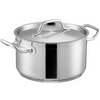 7-1/2 Quart, Sauce Pot with Handled Cover, Stanton Trading, features an induction-ready 3-ply bottom made of 18/8 stainless steel with an aluminum core for superior heat conductivity, durable construction, and a secure-fitting lid with handle; ideal for simmering soups, boiling pasta, and preparing sauces on all cooktops including induction.