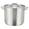 25-1/4 Quart, Stock Pot with Handled Cover, Stanton Trading, features an induction-ready 3-ply bottom crafted from 18/8 stainless steel with an aluminum core for even heat distribution, durable construction, and a secure-fitting lid with handle; ideal for boiling, simmering, and preparing soups or stews on all cooktops including induction.