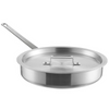 5-1/4 Quart, Sauté Pan with Handled Cover, Stanton Trading, features an induction-ready 3-ply bottom made of 18/8 stainless steel with an aluminum core for excellent heat conductivity, a wide flat base for searing, and a handled lid for moisture control; ideal for browning, braising, and simmering on all cooktops including induction.
