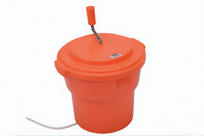 5-Gallon Salad Spinner/Dryer, Stanton Trading, manual operation with clockwise and counter-clockwise spinning, built-in brake system, made of durable orange plastic. Ideal for quickly drying lettuce and greens in commercial kitchens, salad bars, and catering operations.