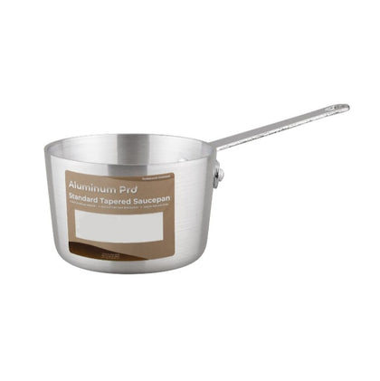 Saucepan AL Tapered Standard 3mm 2.75QT with thick aluminum walls, tapered sides, and riveted handle; ideal for sauces, soups, and reheating in home or commercial kitchens.