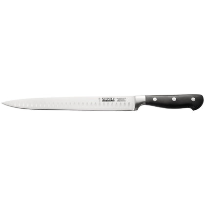 Schnell 10-inch carving knife with Granton edge, ergonomic handle, full-tang design, razor-sharp blade for clean meat slicing, professional kitchen tool, bulk pack of 36 for chefs and caterers