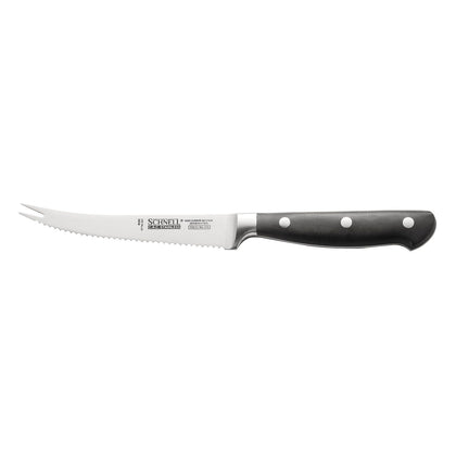 Schnell 5-inch tomato knife with serrated blade, forked tip, full-tang construction, ergonomic handle, ideal for slicing tomatoes and citrus, packed 72 each per case for commercial kitchen use