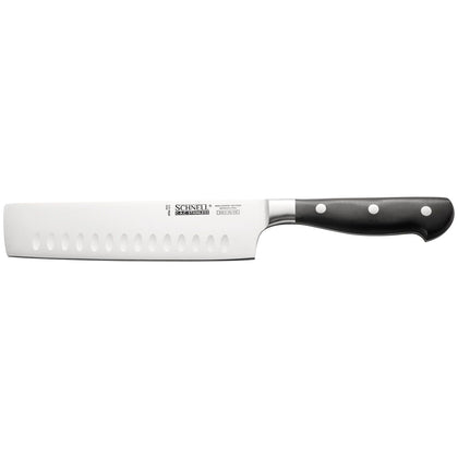 Schnell 7.25-inch Nakiri knife with Granton edge, full-tang build, razor-sharp squared blade, ergonomic handle, designed for pro vegetable prep, packed 36 each per case for bulk commercial kitchens