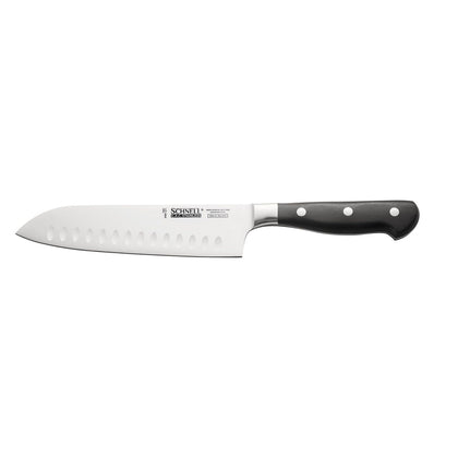 Schnell 7.25-inch Santoku knife with Granton edge, full-tang design, razor-sharp blade, ergonomic handle, precision cutting tool, packed 36 each per case for commercial kitchen and chef use