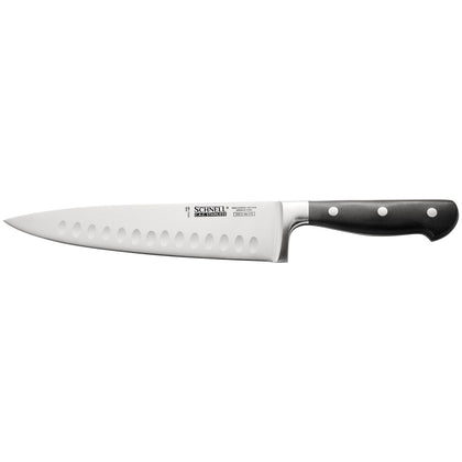 Schnell 8-inch chef knife with Granton edge, ergonomic handle, full-tang design, commercial kitchen prep tool, durable construction, professional slicing, packed 36 per case for bulk use