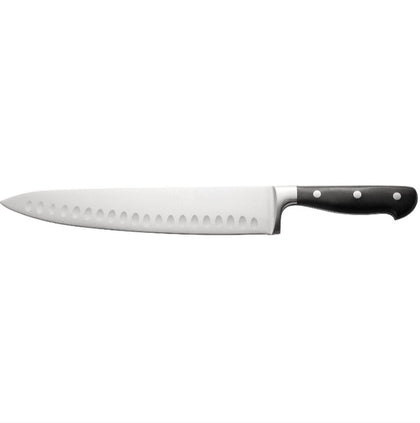 Schnell 10-inch chef knife with Granton edge, stainless blade, ergonomic handle, rust-resistant, durable, and non-stick slicing for pro kitchens. (Packed By: 36 Each Per Case).