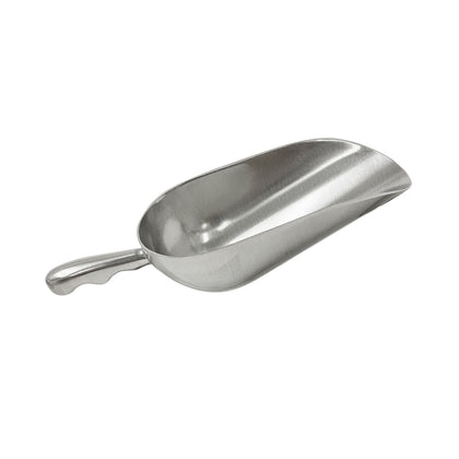 38oz aluminum scoop with deep bowl, ergonomic handle, lightweight, and durable design; ideal for scooping dry goods in large-volume commercial kitchens or bulk food operations.