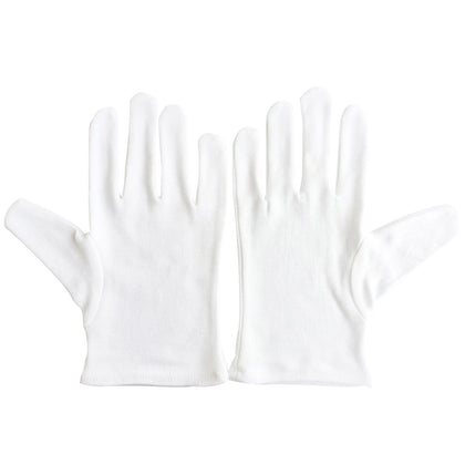 White cotton service glove size L, 12-point construction; durable, lightweight, breathable fit; ideal for catering, formal events, foodservice; packed 100 dozen per pack for professional use.