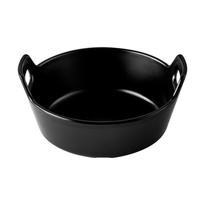 Matte black round serving bowl with dual handles, 13.5oz capacity, 5-7/8