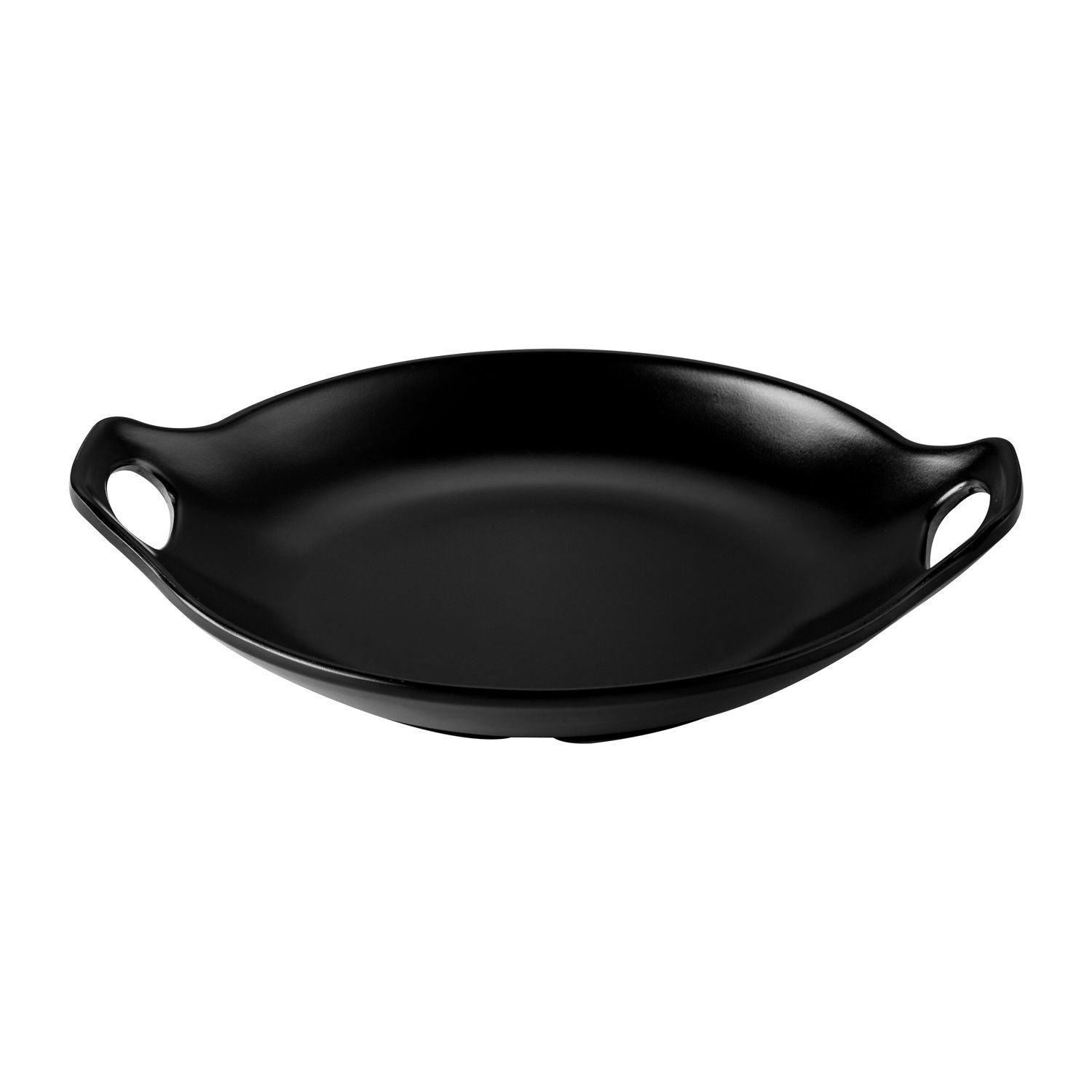 Matte black round serving plate with dual handles, 9
