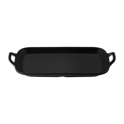 Matte black rectangular serving platter with dual handles, 10-3/8