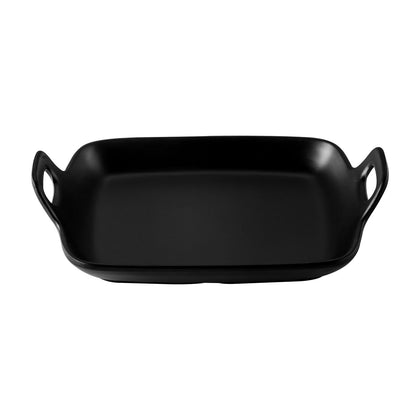 Matte black rectangular serving platter with dual handles, 8-3/4