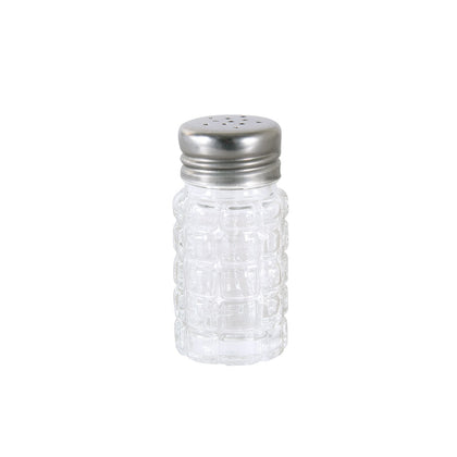 2oz beehive glass shaker with stainless steel flat cap; durable, retro ribbed design, clear glass for visibility, easy to clean and refill; packed 12 dozen per pack; ideal for tabletop spice use.