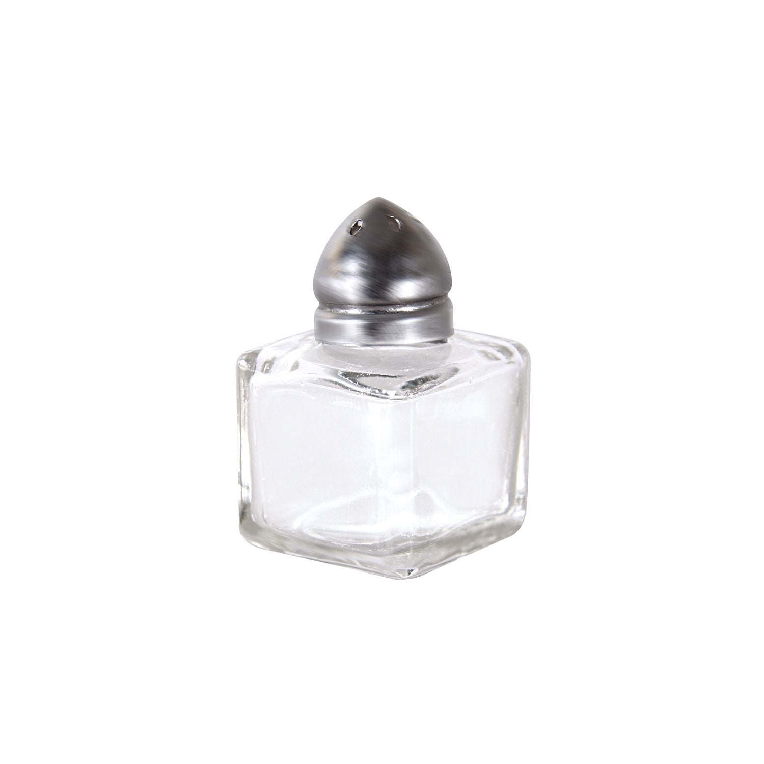 0.5oz glass cube shaker with stainless steel cap; tight seal, durable, clear glass body for spice visibility, easy to refill and clean; packed 48 dozen per pack; ideal for kitchen or dining use.