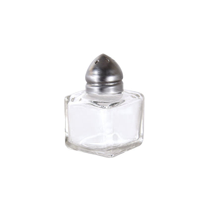 0.5oz glass cube shaker with stainless steel cap; tight seal, durable, clear glass body for spice visibility, easy to refill and clean; packed 48 dozen per pack; ideal for kitchen or dining use.