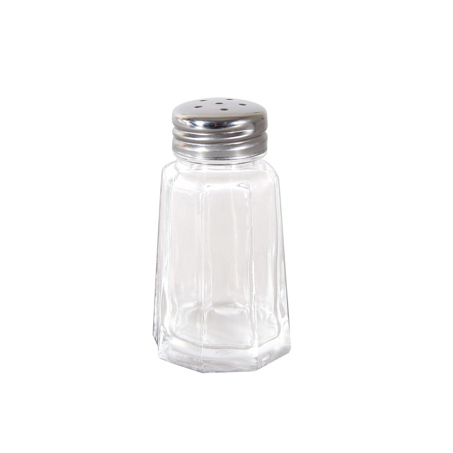 1oz paneled glass shaker with stainless steel mushroom cap; durable, classic design, easy to grip, refill and clean; packed 10 dozen per pack; ideal for restaurants, cafes, and table use.
