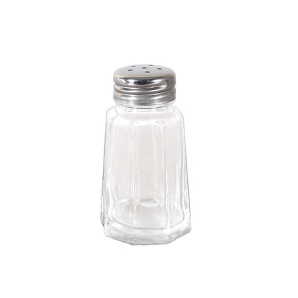 1oz paneled glass shaker with stainless steel mushroom cap; durable, classic design, easy to grip, refill and clean; packed 10 dozen per pack; ideal for restaurants, cafes, and table use.