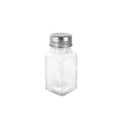 2oz square glass shaker with stainless steel mushroom cap; durable, easy to clean and refill, secure grip, clear glass for visibility; packed 12 dozen per pack; ideal for cafes and restaurants.