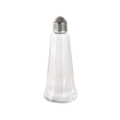 1oz glass tower shaker with stainless steel cap; durable, modern vertical design, clear glass for visibility, easy to clean and refill; packed 12 dozen per pack; perfect for restaurant tabletops.