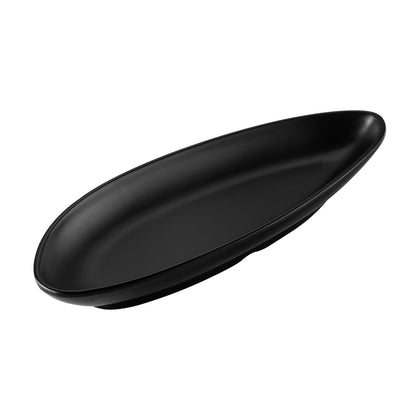 Large matte black triangular coupe platter, 13-1/8 inches wide, durable and elegant with a sleek finish, perfect for bold food presentation in restaurants, catering, or home dining.