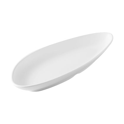 Matte white triangular coupe platter, 11-1/8 inches wide, with smooth rimless design, ideal for modern food presentation in restaurants, catering setups, or home entertaining.