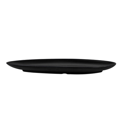 Matte black wide triangular coupe platter, 15-3/8 inches, bold and modern with rimless design, perfect for large entrées or displays in restaurants, catering, or home presentations.