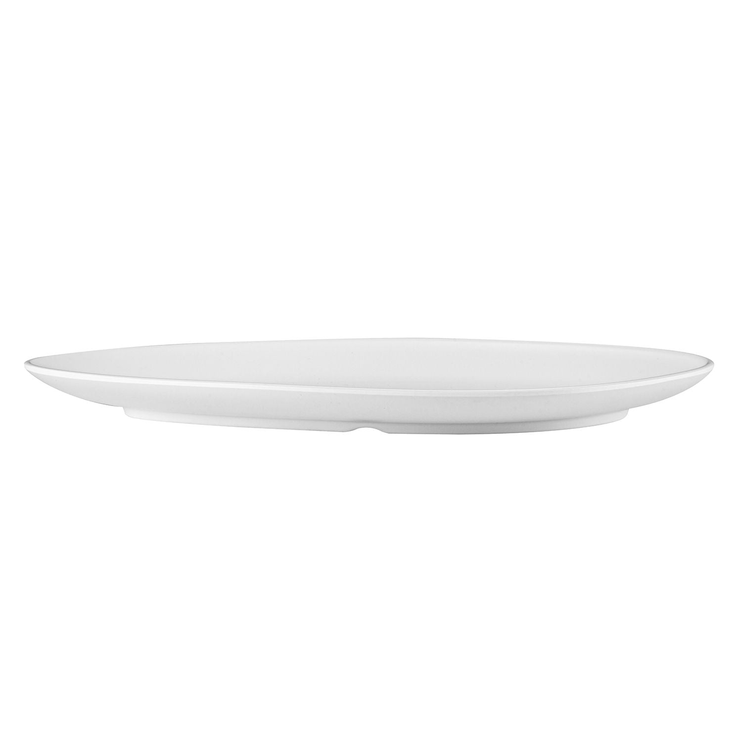 Matte white wide triangular coupe platter, 15-3/8 inches, elegant and durable with rimless design, ideal for showcasing large dishes in restaurants, catering, or modern home dining.
