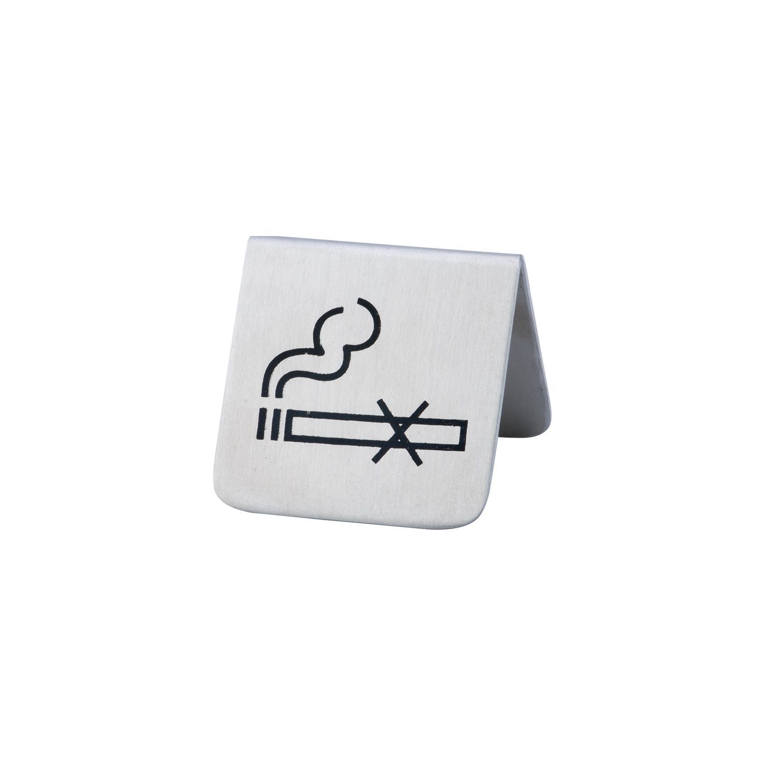 Stainless steel table tent sign with clear No Smoking symbol, rust-resistant and durable; ideal for restaurants, hotels, and public spaces. Packed 240 each per case for commercial use.