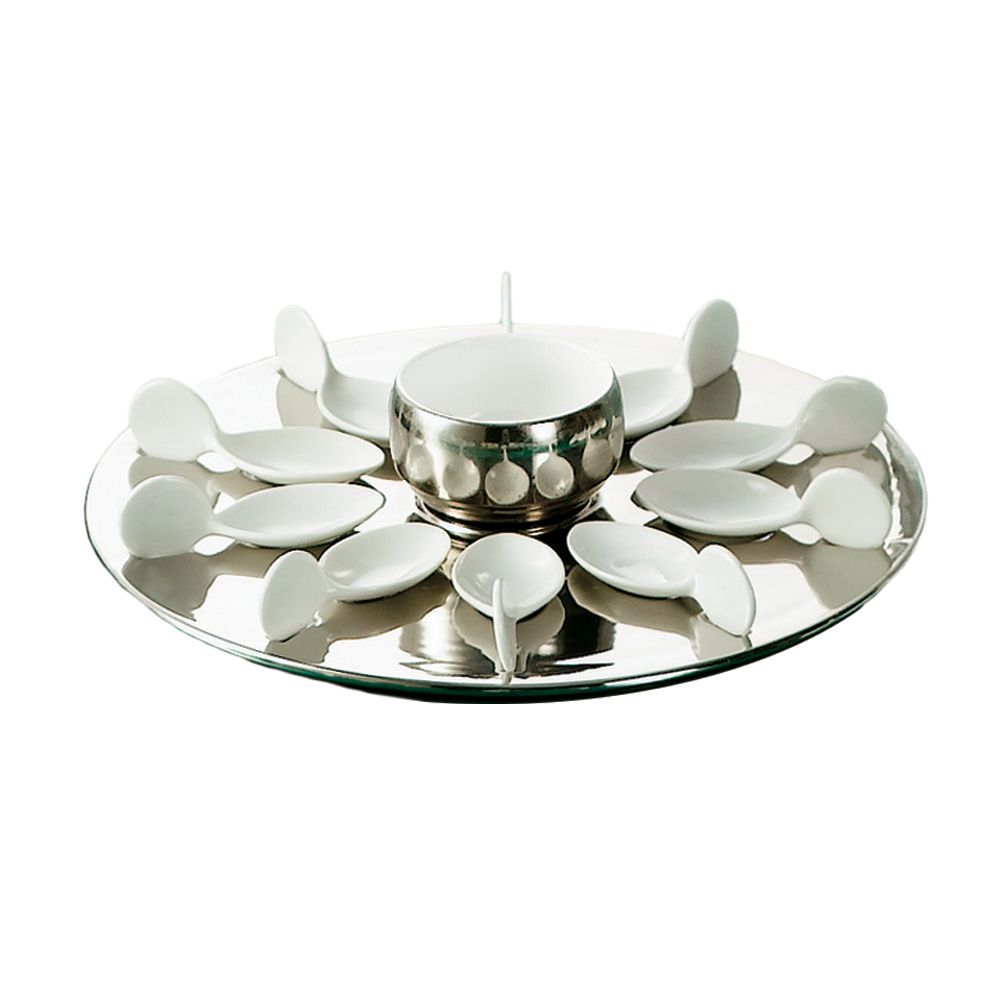 Silver 7oz bowl, 10 tasting spoons, and round silver tray set for elegant appetizers, tastings, and dips. Perfect for parties, events, and upscale dinners.