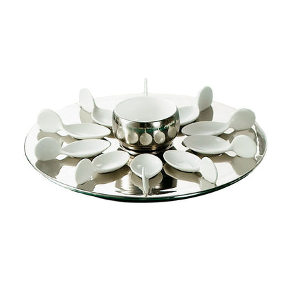 Silver 7oz bowl, 10 tasting spoons, and round silver tray set for elegant appetizers, tastings, and dips. Perfect for parties, events, and upscale dinners.