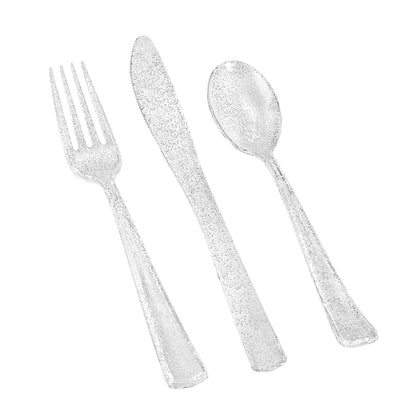 Silver Glitter Combo Cutlery Box with sparkling forks, knives, and spoons. Durable, BPA-free, and disposable, ideal for weddings, anniversaries, and celebrations. Adds elegance and convenience to events.