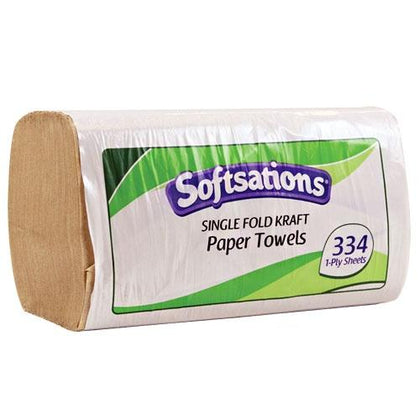 Singlefold brown paper towels made from eco-friendly materials, highly absorbent and durable for hand drying and cleaning; compatible with standard dispensers