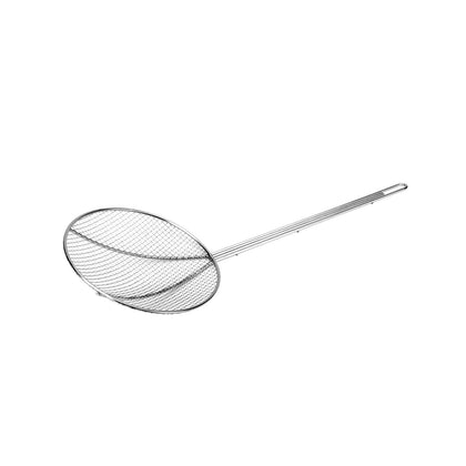 Durable 5-inch nickel-plated wire skimmer ideal for straining and frying. Corrosion-resistant and lightweight. Packed 12 each per case for kitchen use.