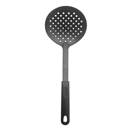 Black nylon skimmer with wide perforated head, heat-resistant and safe for nonstick cookware, ergonomic and lightweight; ideal for draining and lifting food; packed 144 each per case for kitchen use.