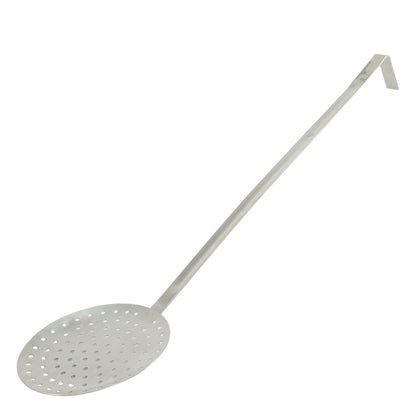 Durable stainless steel skimmer with 4.5-inch perforated head and long handle for safe, efficient straining of fried foods, pasta, and vegetables in commercial kitchens and foodservice operations