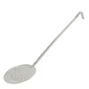 Durable stainless steel skimmer with 4.5-inch perforated head and long handle for safe, efficient straining of fried foods, pasta, and vegetables in commercial kitchens and foodservice operations