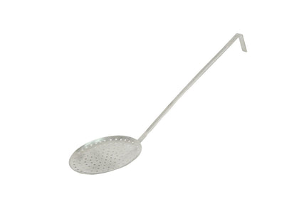 Durable stainless steel skimmer with 6-inch diameter perforated head and long handle for safe, efficient straining of pasta, fried foods, and more in commercial kitchens and high-volume cooking