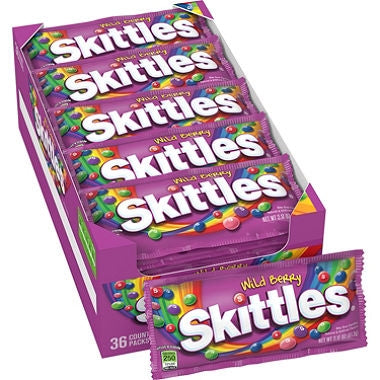 Skittles Wild Berry brings a bold twist to the classic candy experience with a medley of vibrant berry flavors. Each pack offers a mix of berry punch, strawberry, melon berry, wild cherry, and raspberry in colorful, chewy bites. This 36-count box of 2.17 oz packs is perfect for sharing, snacking, or adding a playful pop of color to parties and events.
