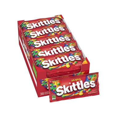 Enjoy a burst of bold fruit flavor with Skittles Original. This pack includes thirty-six 2.17 oz bags filled with colorful, chewy candies in five classic flavors: strawberry, green apple, orange, grape, and lemon. Whether you're sharing at parties, adding a fun twist to desserts, or just craving a sweet treat, these bite-size candies are a delicious way to Taste the Rainbow.