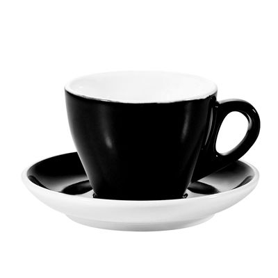 Black porcelain cup & saucer set 7.5oz, elegant & modern. Perfect for coffee, tea, or espresso. Microwave & dishwasher safe. Ideal for home, café, or restaurant use. Durable and stylish design.