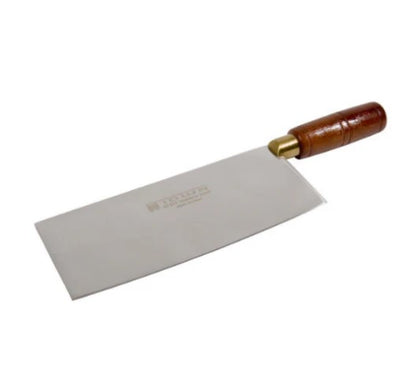 A stainless steel slicer with a wooden handle, designed for effortless slicing of meats and vegetables.
