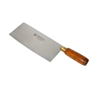 A stainless steel slicer with a wooden handle, designed for precise slicing of meats, vegetables, and other ingredients with ease.



