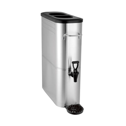 Slim 5-gallon iced tea dispenser with stainless steel valve, ideal for restaurants and catering. Durable build with secure lid, rust-resistant finish, and clear fill lines for easy use.