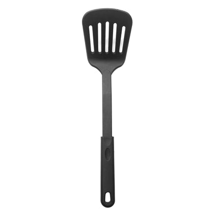 Black nylon slotted turner with heat-resistant flexible edge, nonstick-safe blade, ergonomic handle, and dishwasher-safe design; packed 144 each per case for high-volume commercial kitchen use.
