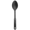 Black nylon solid spoon with heat-resistant solid head, ergonomic handle, nonstick-safe surface, and dishwasher-safe design; ideal for food service; packed 144 each per case for bulk kitchen use.
