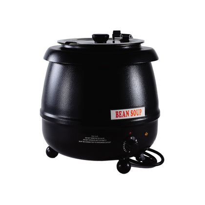 Commercial soup warmer 10.5QT with stainless steel interior and black finish. Features removable pot and adjustable thermostat. Ideal for buffet or kitchen. Set includes full unit.